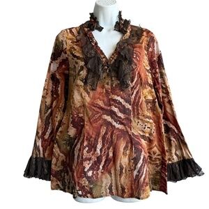 REBA Boho Top Size XL Brown Ruffle Trim Geometric Long Sleeve Whimsigoth Blouse
